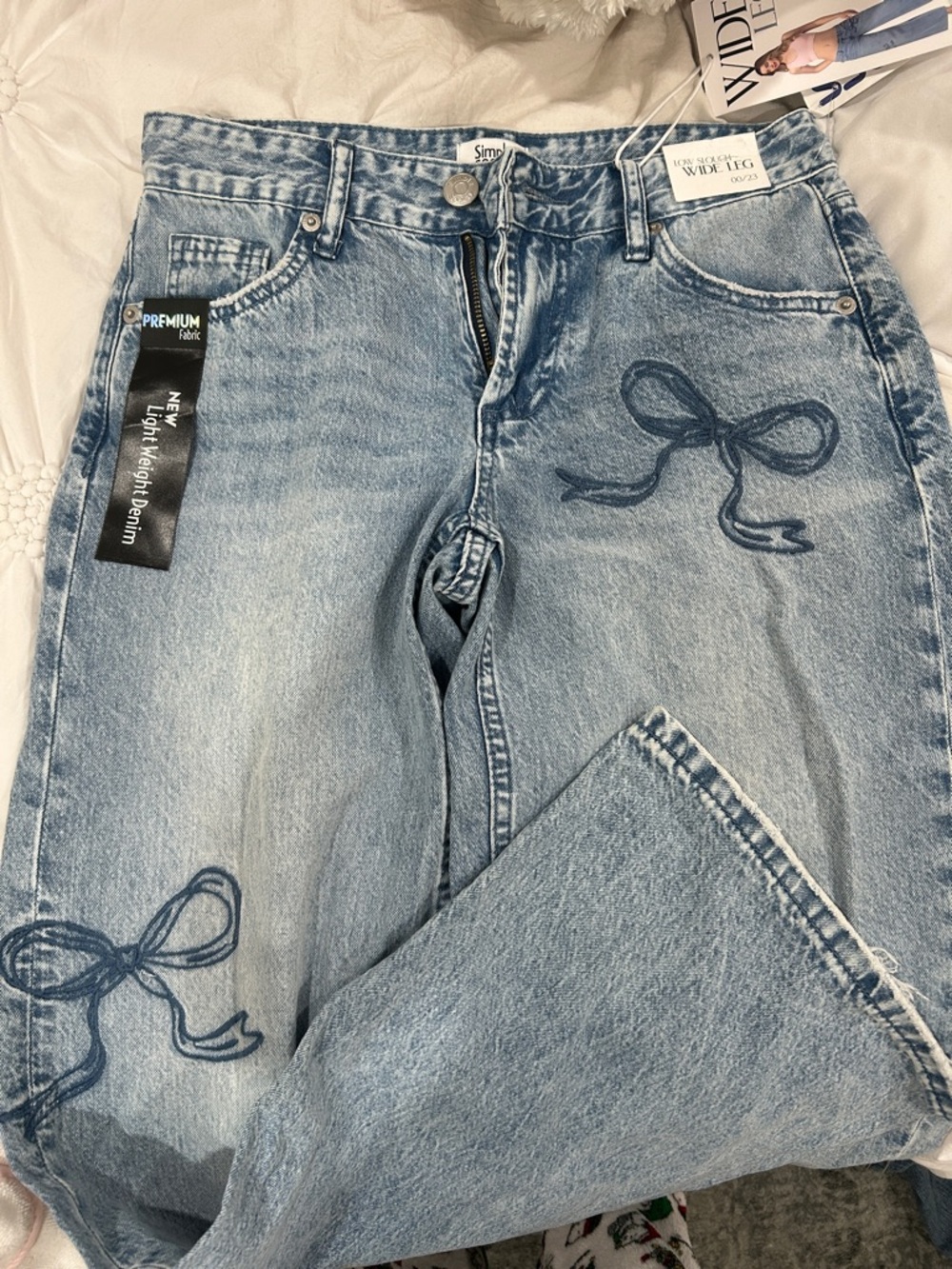 Light Blue Embroidered Bow Wide Leg Jeans